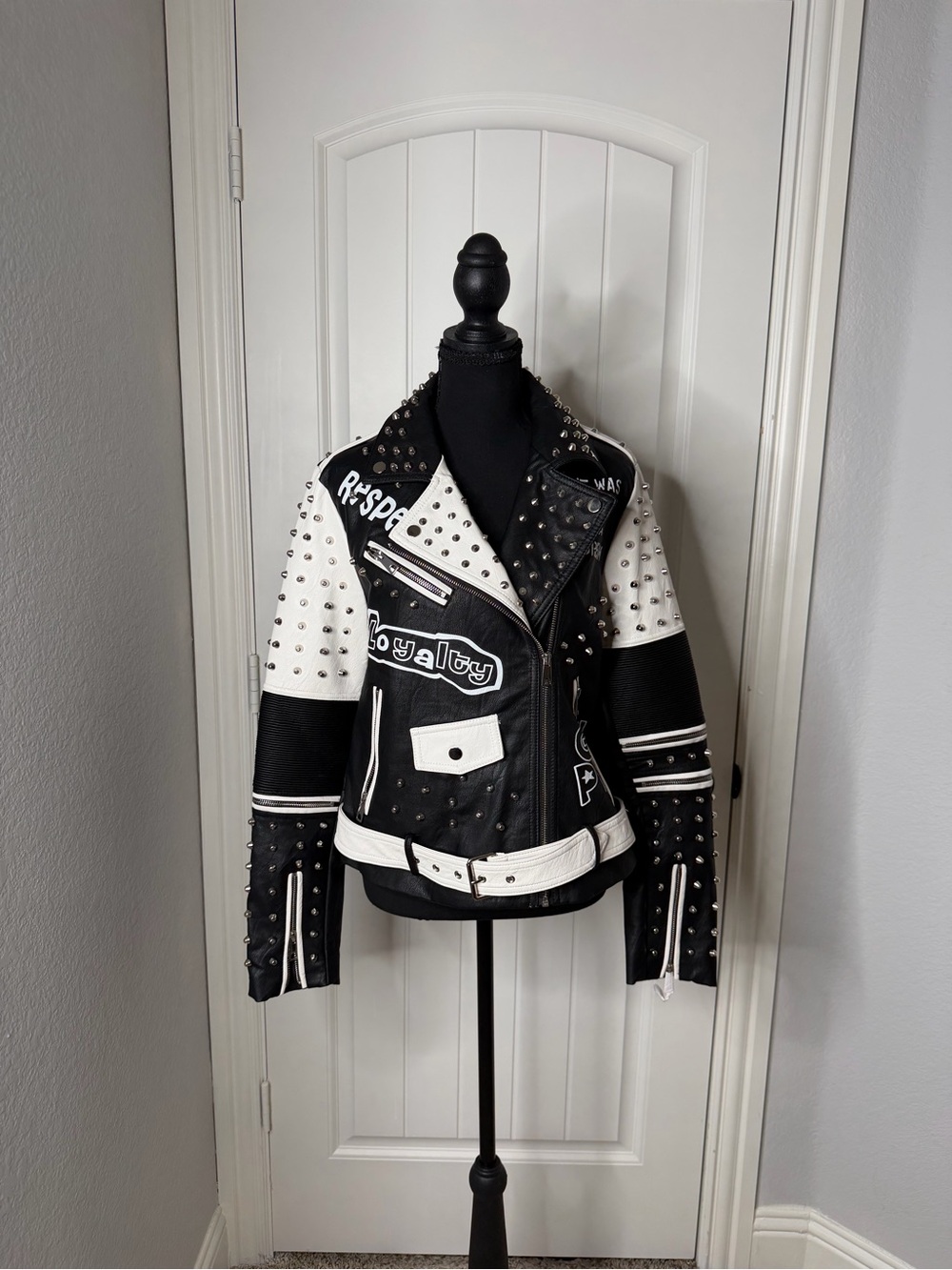 Amazon Black and White Studded Leather Biker Jacket